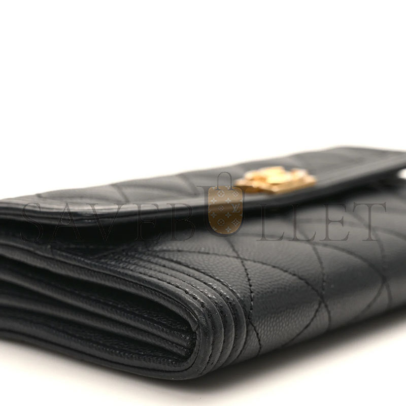 Ch**el CAVIAR QUILTED LARGE BOY GUSSET FLAP WALLET BLACK A80286 (19*10.5*3cm)